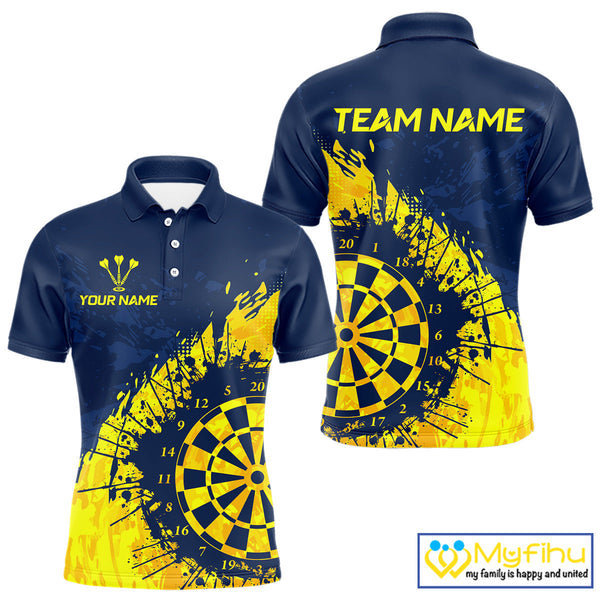 Custom Navy Blue And Yellow Splash Dartboard Dart Men Polo Shirt, Team Dart Jerseys NYN0689