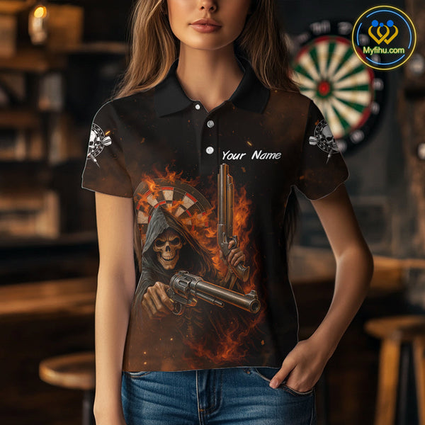 Custom Fire Flame Skull Grim Reaper Dart Polo Shirts For Women, Halloween Dart Outfit NYN0447