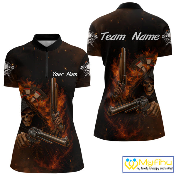 Custom Fire Flame Skull Grim Reaper Dart Women Quarter-Zip Shirt, Halloween Dart Outfit NYN0447