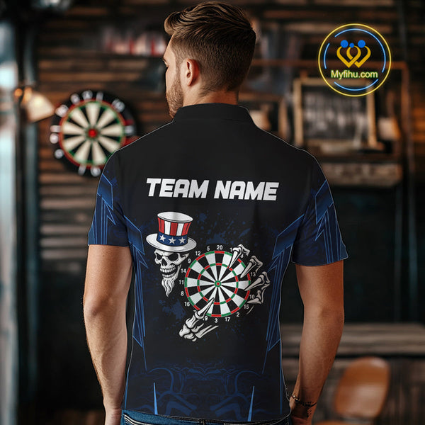 Custom Black And Blue Skull Patriotic Dart Team Polo Shirt For Men NYN0480