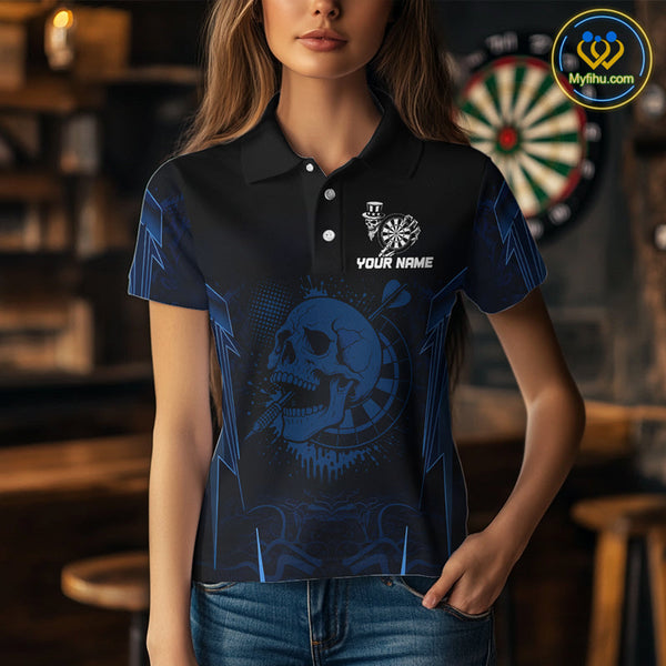 Custom Black And Blue Skull Patriotic Dart Team Polo Shirt For Women NYN0480