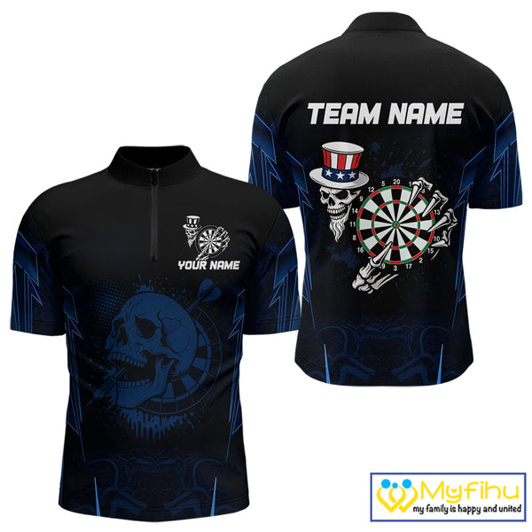 Custom Black And Blue Skull Patriotic Dart Team Quarter-Zip Shirt For Men NYN0480
