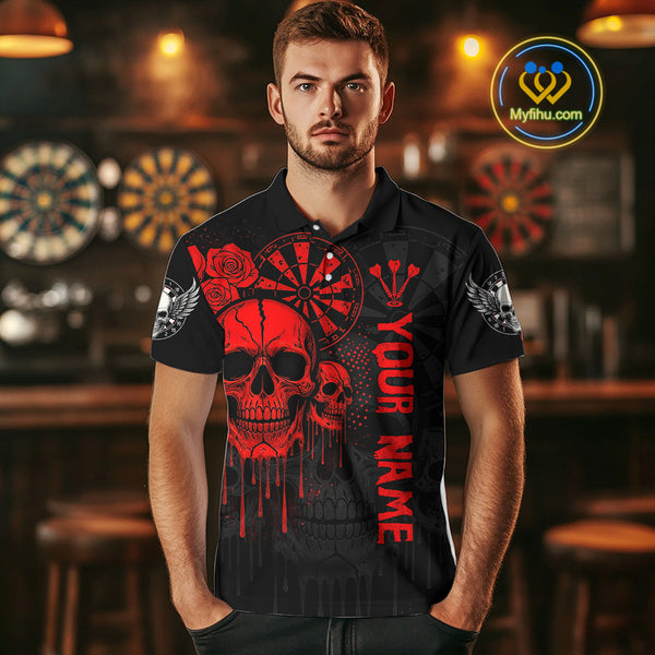 Custom Black And Red Dripping Roses And Skulls Dart Team Polo Shirt For Men NYN0510