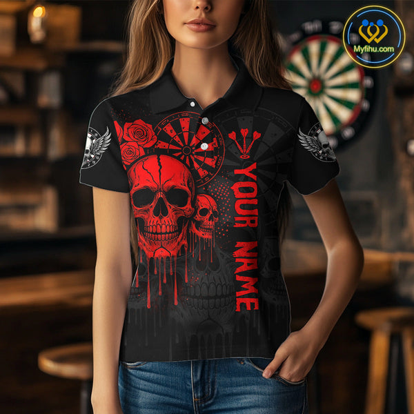 Custom Black And Red Dripping Roses And Skulls Dart Team Polo Shirt For Women NYN0510