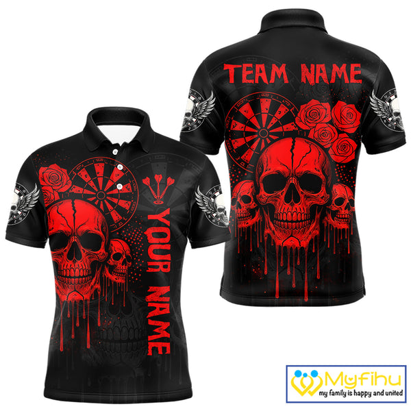 Custom Black And Red Dripping Roses And Skulls Dart Team Polo Shirt For Men NYN0510