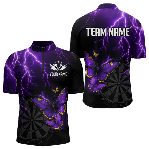 Custom Purple Thunder Lightning Butterfly Dart Team Quarter-Zip Shirts For Men, Dart League Shirt NYN0286