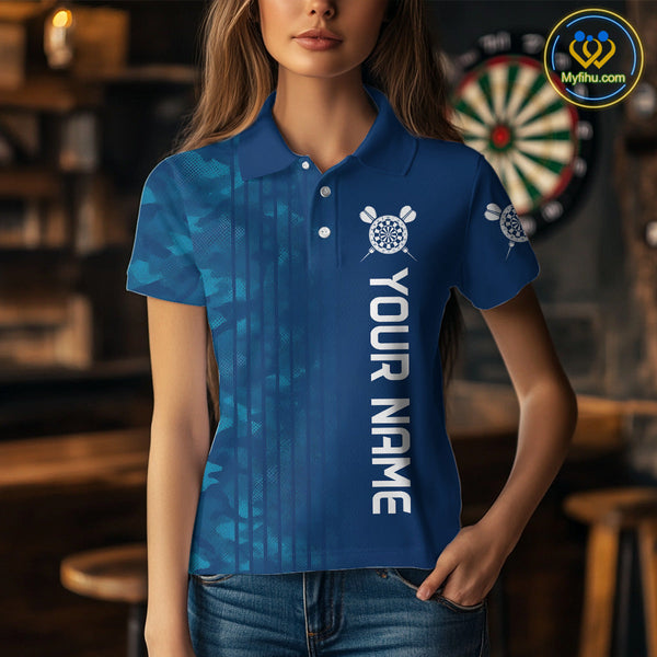 Custom Name Blue Camo Dart Polo Shirts For Women, Camouflage Dart Team League Shirt NYN0317