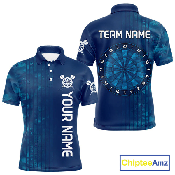Custom Name Blue Camo Dart Polo Shirts For Men, Camouflage Dart Team League Shirt NYN0317