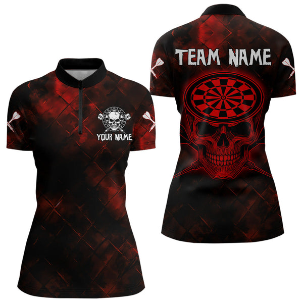 Custom Black And Red Skull Dartboard Dart Team Women Quarter-Zip Shirt, Halloween Outfit NYN0320