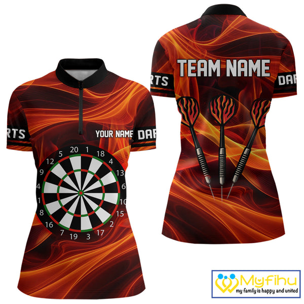 Custom Orange Fire Flame Dart Quarter-Zip Shirt For Women, Dart Team Jersey NYN0588