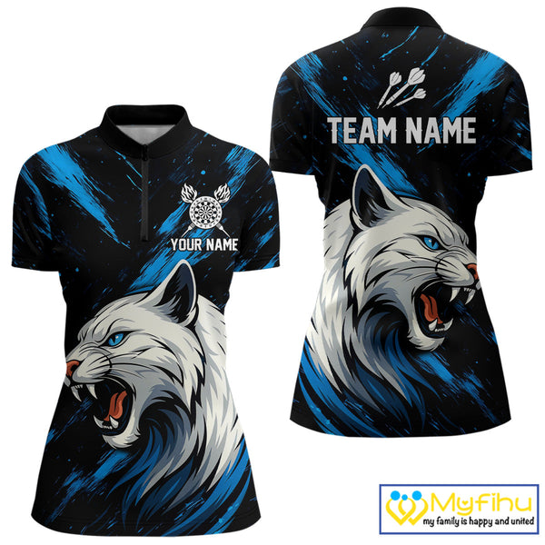 Custom Blue White Panther Dart Team Quarter-Zip Shirts For Women, Panther Dart Jerseys NYN0331