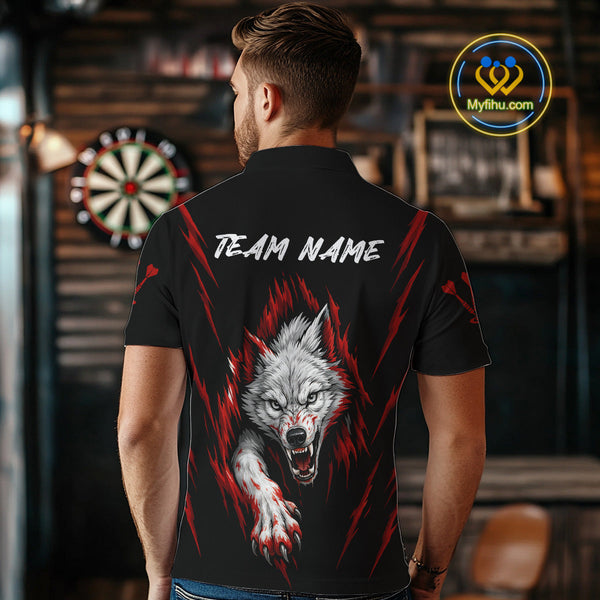 Custom Black And Red Wolf Darts Polo Shirts For Men, Dart Tournament Team Shirt NYN0335