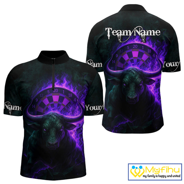Custom Purple Flame Bull Dart Quarter-Zip Shirt For Men, Bull Dart Jersey NYN0606