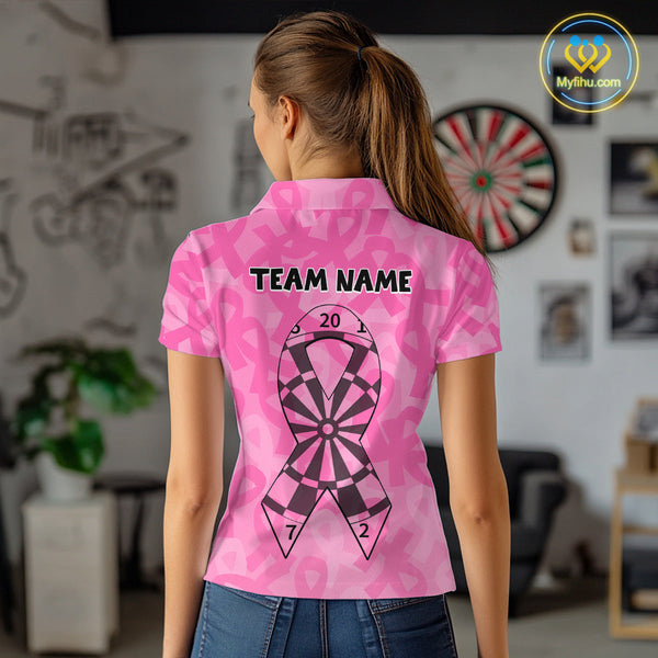 Custom Pink Ribbon Breast Cancer Awareness Dart Tournament Polo Shirts For Women NYN0675