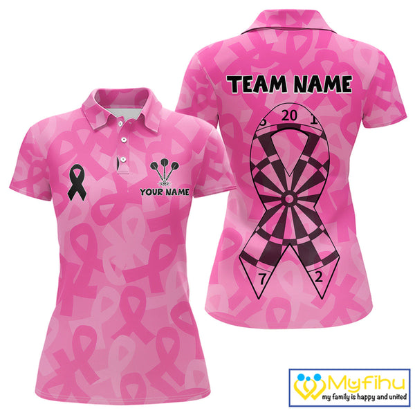 Custom Pink Ribbon Breast Cancer Awareness Dart Tournament Polo Shirts For Women NYN0675