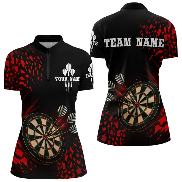 Custom Black And Red Dartboard Dart Quarter-Zip Shirts For Women, Dart Tournament Shirt NYN0248