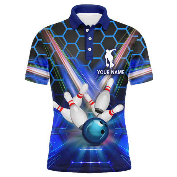Blau Bowling-Shirt für Herren mit individuellem Namen, Polo Bowling Trikot, 3D Bowling Team Shirt für Herren BDT43