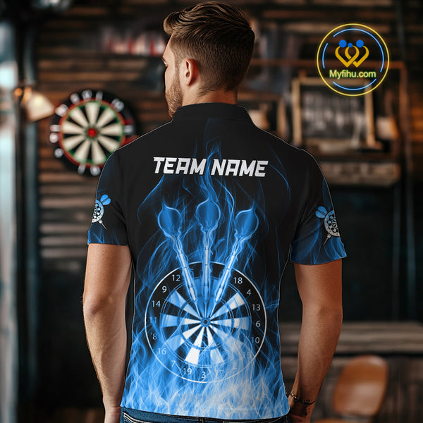 Custom Wolf Dart Shirts For Men – Fire Flame Dartboard Darts Team Jerseys Polo & Quarter Zip |Blue TDM4043
