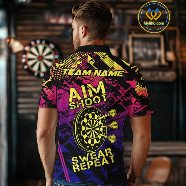 Purple Pink Yellow Grunge Aim Shoot Swear Repeat Dart Shirt For Men Custom Funny Darts Team Jersey TDM4034
