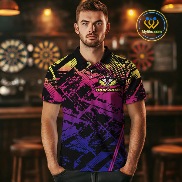 Purple Pink Yellow Grunge Aim Shoot Swear Repeat Dart Shirt For Men Custom Funny Darts Team Jersey TDM4034