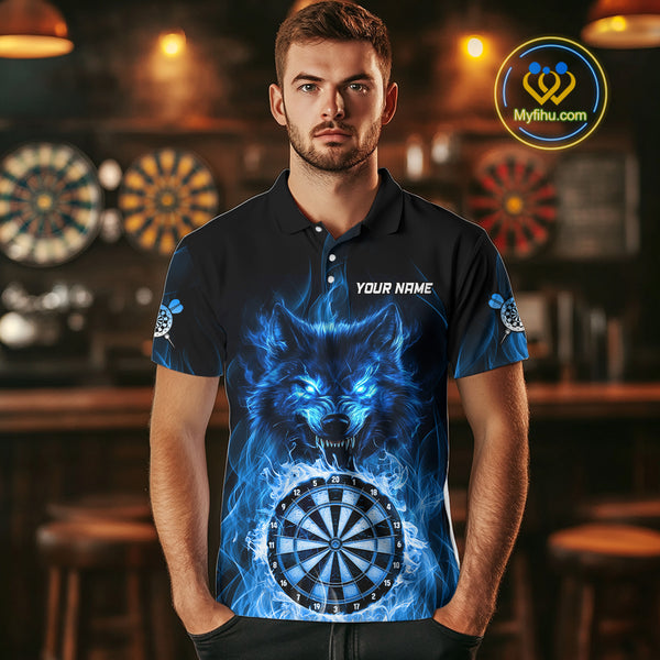 Custom Wolf Dart Shirts For Men – Fire Flame Dartboard Darts Team Jerseys Polo & Quarter Zip |Blue TDM4043