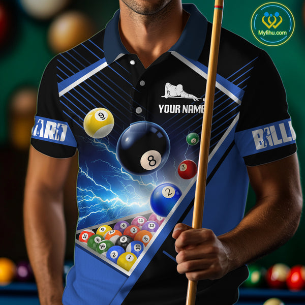 Customized Blue Thunder Lightning Strike Billiard Shirt For Men, Billiard Team Shirt Pool Jerseys TDM4009