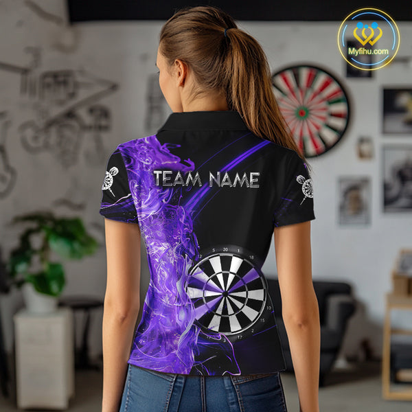 Custom Black And Purple Flame Darts Shirts For Women, Darts Team Jerseys Polo & Quarter Zip Uniform TDM4017
