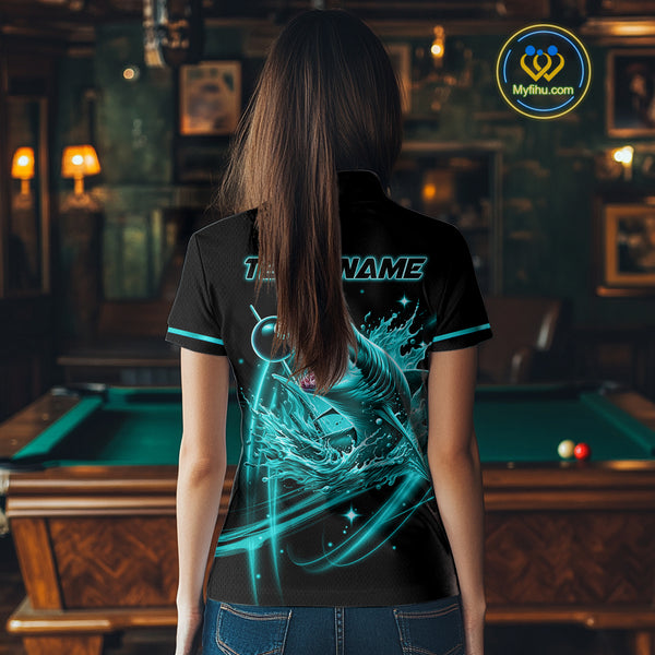 Turquoise 8 Ball & 9 Ball Pool Billiard Shark Polo & 1/4 Zip For Women Custom Team Billiard Jerseys TDM4089