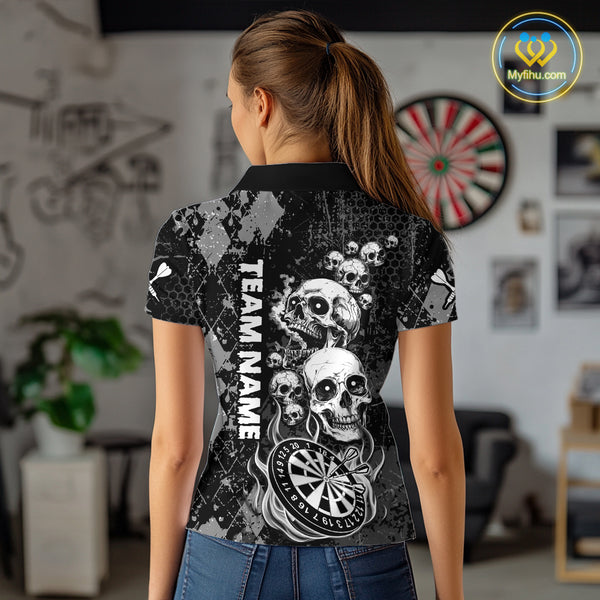 Black Grey Grunge Argyle Skull Dart Shirts Custom Women's Dart Jerseys Team Polo & Quarter Zip TDM3836