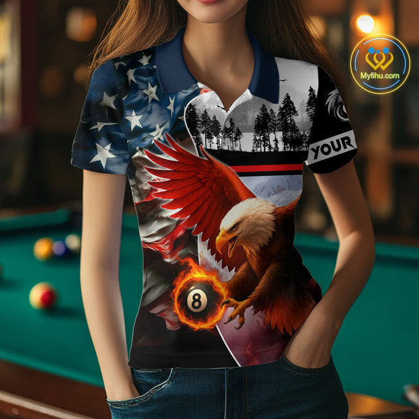 Custom American Flag Eagle 8 Ball Pool Vintage Billiard Shirts For Women, Patriotic Billiard Jerseys TDM3990