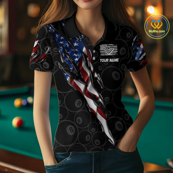 American Flag Scratch Billiard Shirt For Women, Custom 8 Ball Pool Team Jersey Polo & 1/4 Zip TDM4030