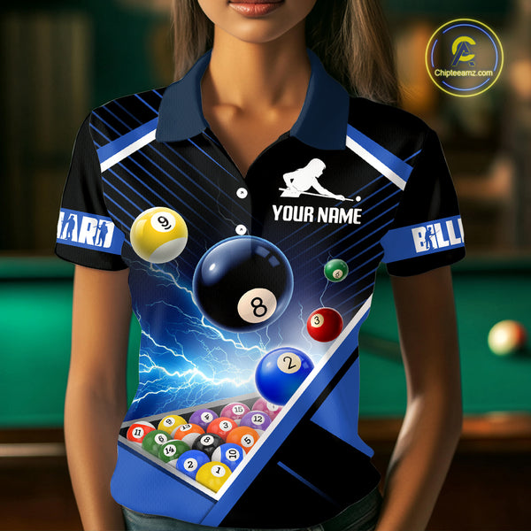 Customized Blue Thunder Lightning Strike Billiard Shirt For Women, Billiard Team Shirt Pool Jerseys TDM4009