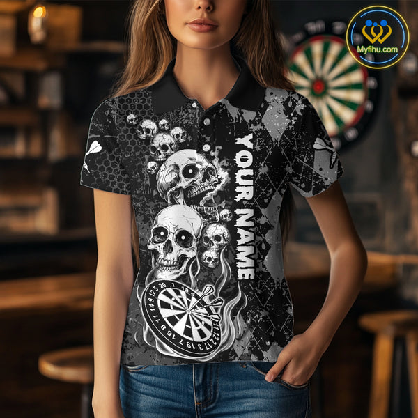Black Grey Grunge Argyle Skull Dart Shirts Custom Women's Dart Jerseys Team Polo & Quarter Zip TDM3836
