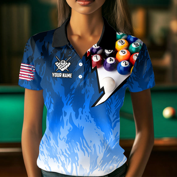 Personalized Blue Pool Player Billiard 8 Ball Polo & 1/4 Zip For Women Custom Billiard Shirts Jerseys TDM3656