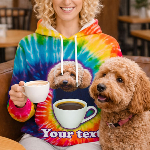 Funny Tie-Dye Dog & Coffee Hoodie – Custom Dog Face FSD4766