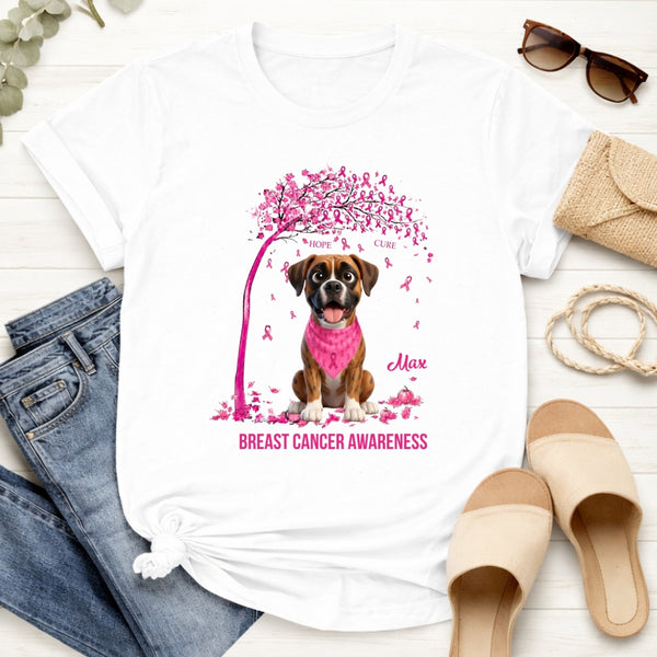 Custom Multiple Dogs Breast Cancer Awareness T-Shirt, Pink Ribbon Tree Personalized Shirt FSDM60