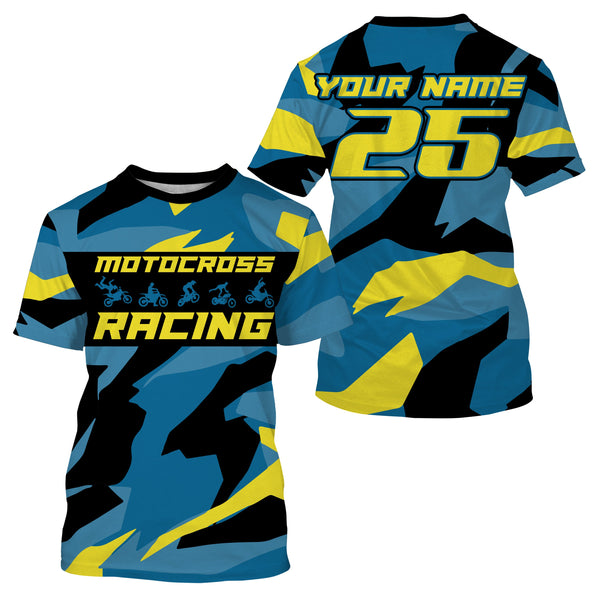Blue camo custom motocross racing Jersey UPF30+ kids men women dirt bike long sleeves off-road NMS1037