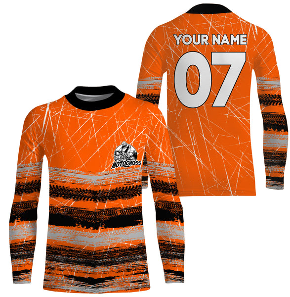 Custom motocross jersey orange tire track dirt bike UPF30+ kids men women motorcycle off-road NMS1032