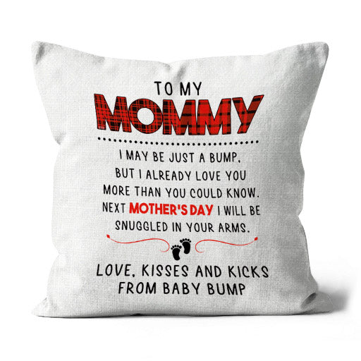 Cute Pregnant Mom Pillow - Love Kisses and Kicks for Baby Bump, First Mother's Day Gift, New Mom to Be| NPL07