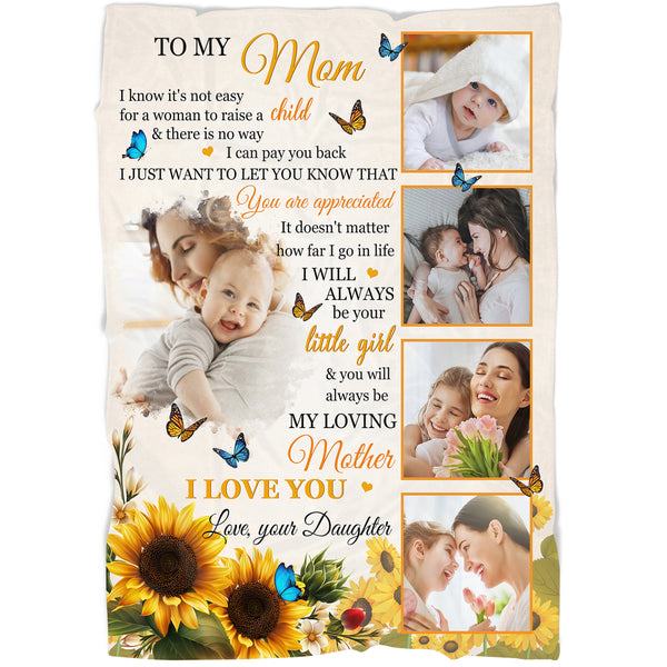 To My Mom Personalized Blanket Custom Photo Fleece Throw Sunflower Mother's Day Gift| N2535