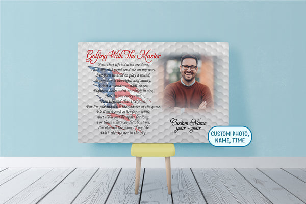 Personalized Golf Memorial Canvas - Golfing with The Master Remembering a Golfer American Flag Sympathy Gift| N2623