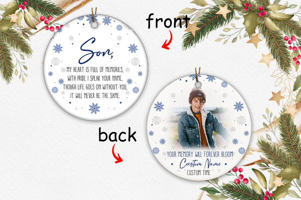 Son Remembrance Ornament - Personalized Circle Ornament 2 Sided Christmas Memorial Ornament Sympathy Gift for Dad Mom Passing Son Son Remembrance Gift Son Sympathy Gift - JOR88