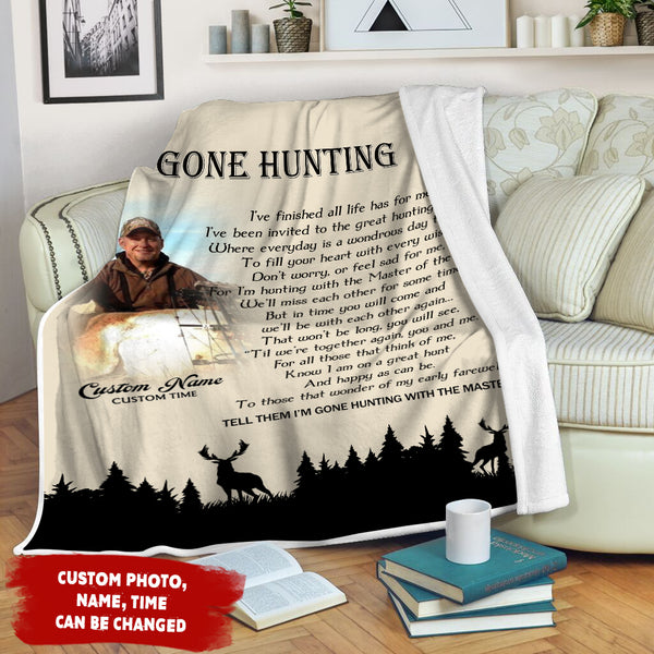 Hunting Theme Memorial Blanket - Gone Hunting Blanket Personalized Memorial Throw Remembrance Fleece Blanket Tribute Gift for Deceased Hunting Lover Sympathy Gift for Loved One - JB292