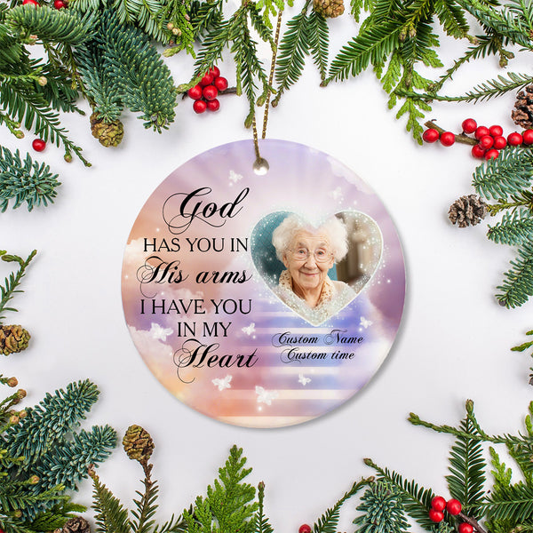 Personalized Memorial Ornament - God Has You in His Arms, Christmas in Heaven Remembrance Decor, Memorial Gift for Loss of A Loved One| NOM102