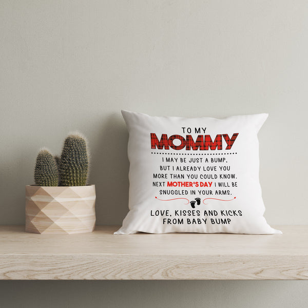 Cute Pregnant Mom Pillow - Love Kisses and Kicks for Baby Bump, First Mother's Day Gift, New Mom to Be| NPL07