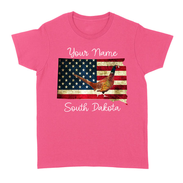 Pheasant hunting shirt South Dakota American Flag bird hunter custom name T-shirt - FSD1162
