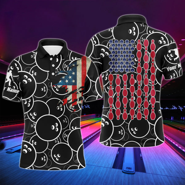Custom American Flag Men Bowling Polo Shirt Black USA Bowling Short Sleeve Polo Men Bowlers NBP01