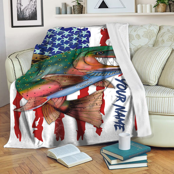 Trout fly fishing American flag funny rainbow trout ChipteeAmz's art custom name throw fleece blanket AT051