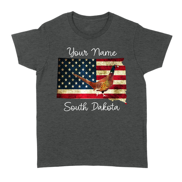 Pheasant hunting shirt South Dakota American Flag bird hunter custom name T-shirt - FSD1162