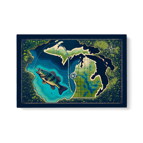 Michigan map art bass fishing canvas for bass fisherman